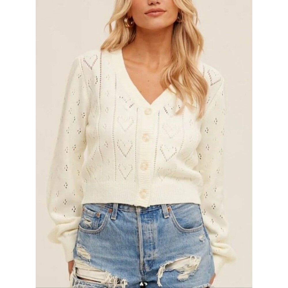 Hem & Thread White Cream Eyelet Heart Cardigan Cropped Feminine Romantic Small - Picture 2 of 6